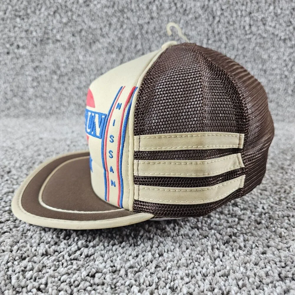 Vintage Datsun Trucker Hat Cap Snap Back 3 Stripe Mesh 280ZX Brown Tuner JDM 80s